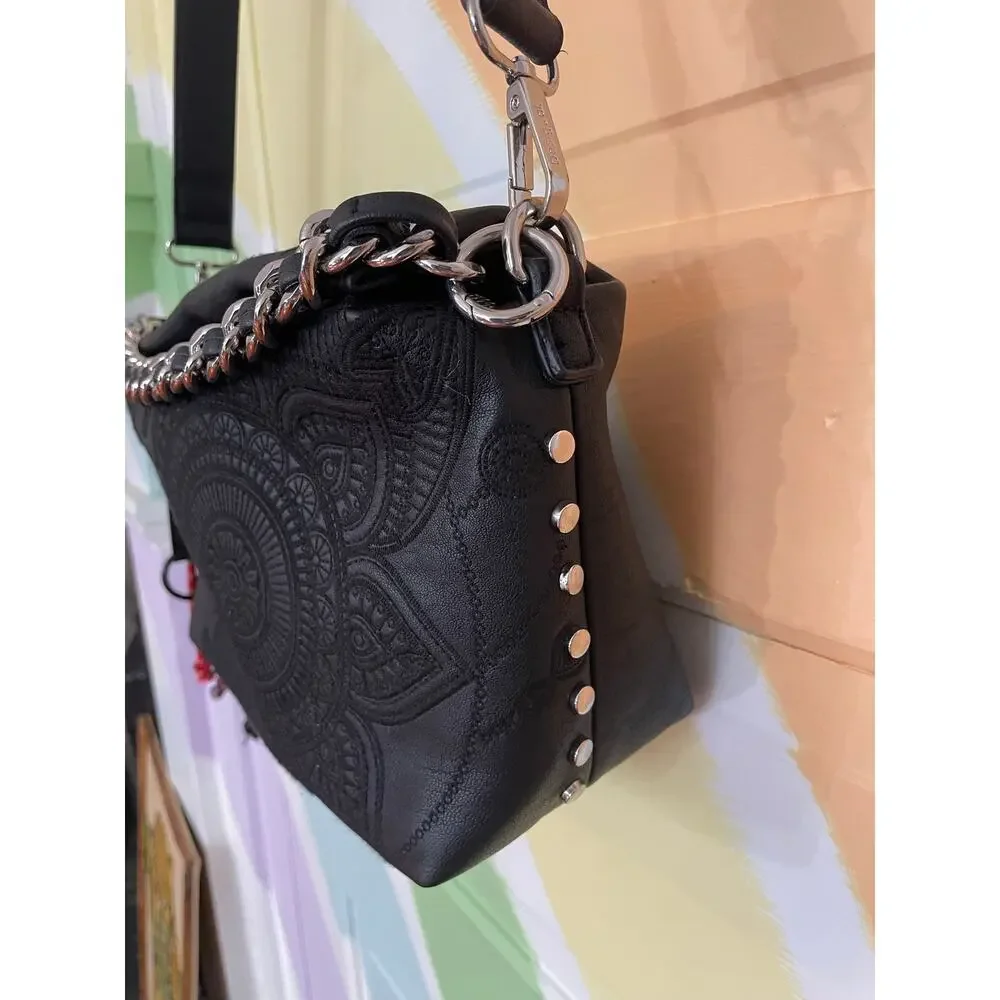 Desigual Black Embossed Mandala Chain Crossbody Shoulder Bag Tassel Boho